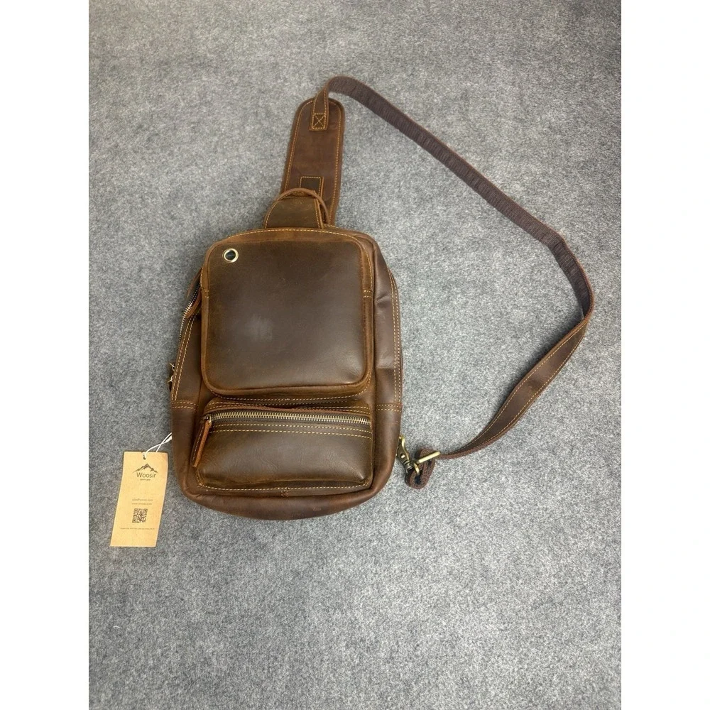 Woosir Genuine Leather Sling Bag Crossbody Chest Pack Brown Multi Pocket New M1